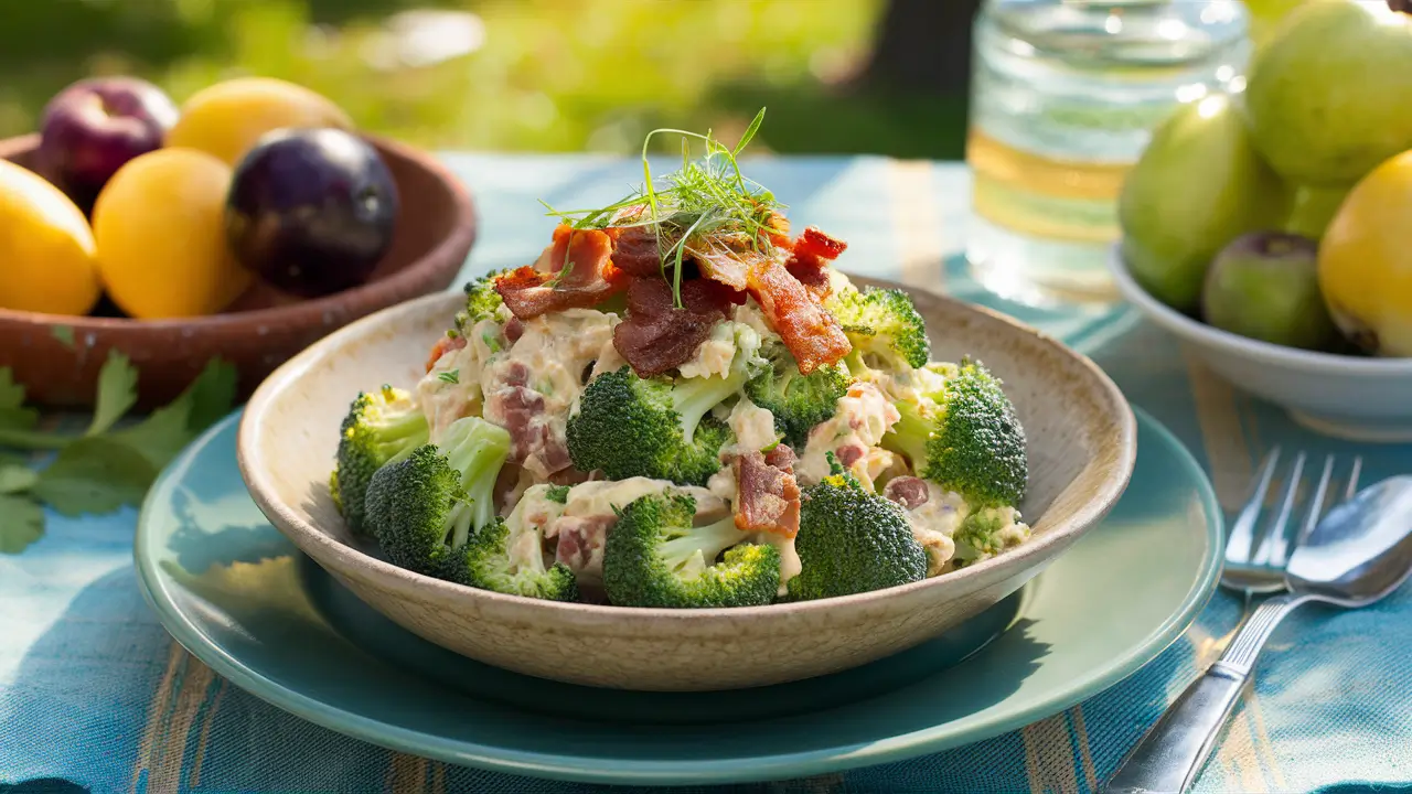 Serving Amish broccoli salad with extra bacon on a rustic picnic table