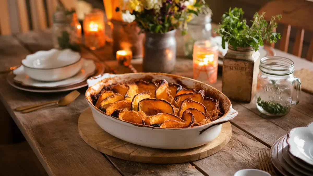 Southern Living squash casserole served on a rustic dining table
