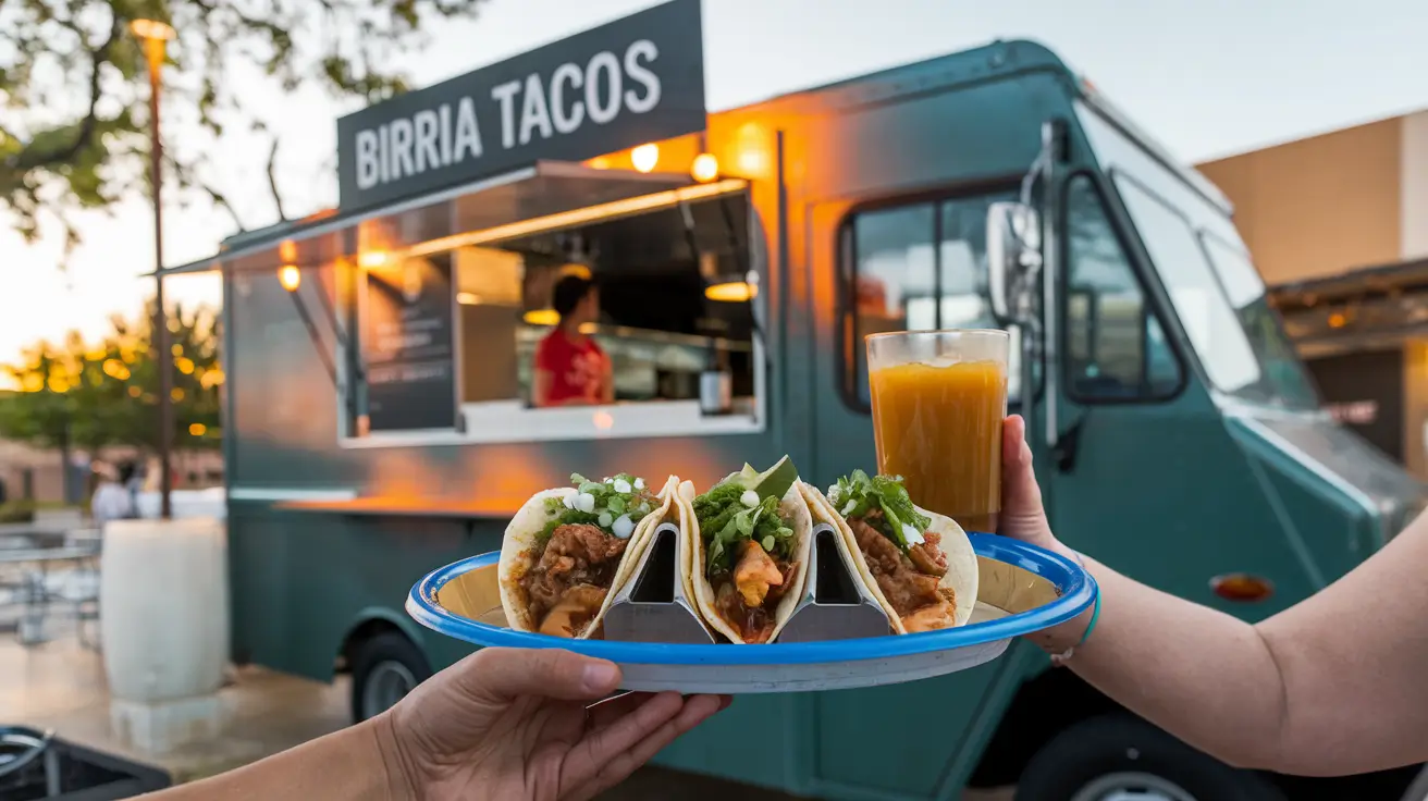 Food truck serving birria tacos with consommé
