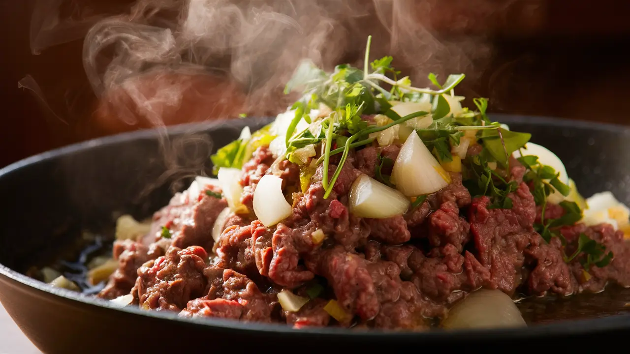 Ground beef cooking in a skillet with garlic and onions