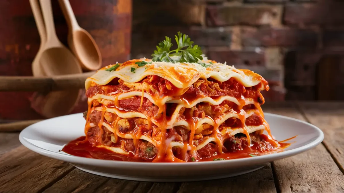 Freshly baked lasagna with oven ready noodles and melted cheese