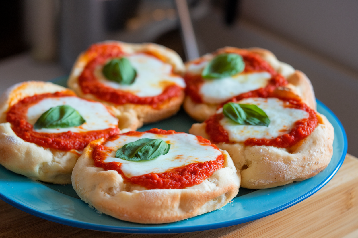 Cloud bread mini pizzas with mozzarella and fresh basil