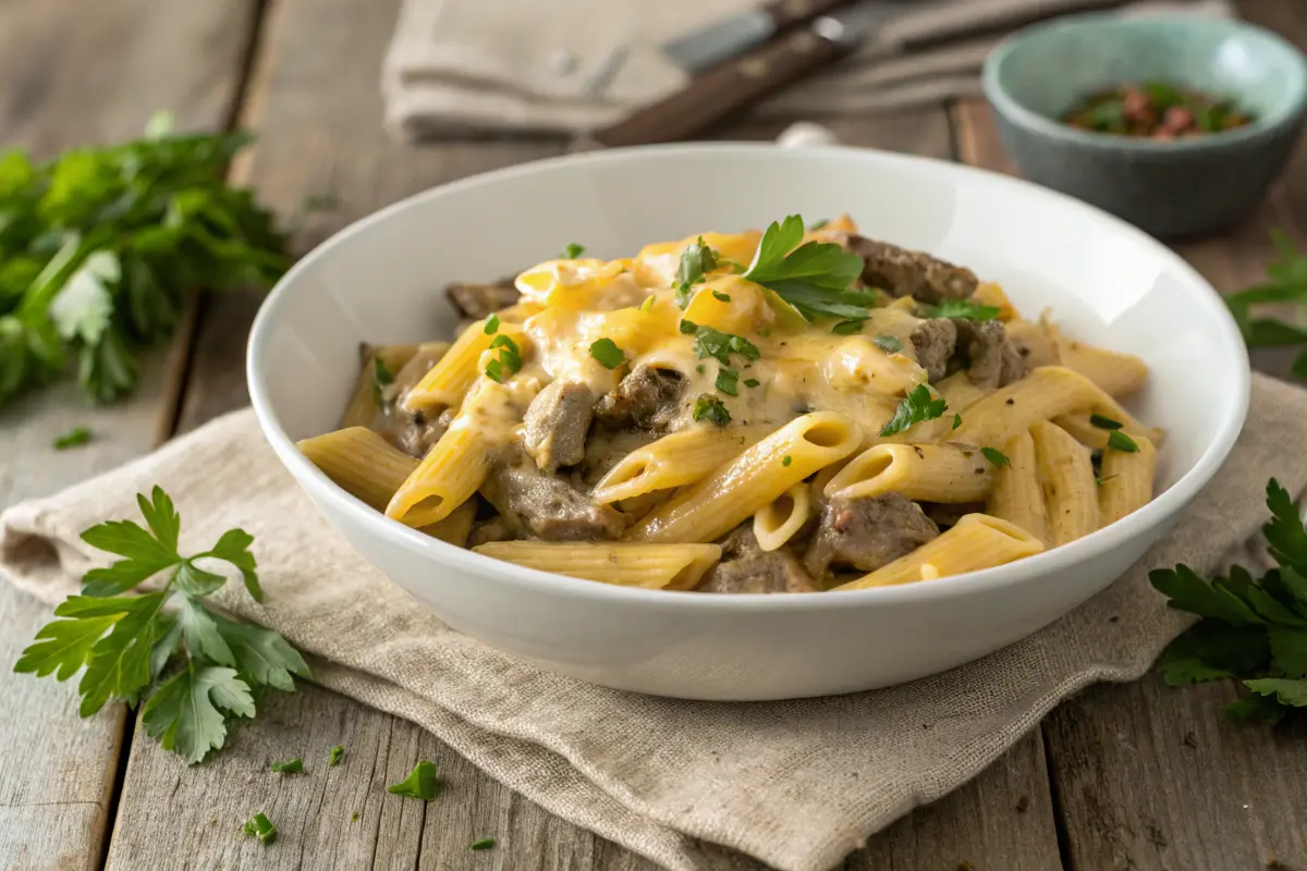 Philly Cheesesteak Pasta with creamy sauce and melted cheese