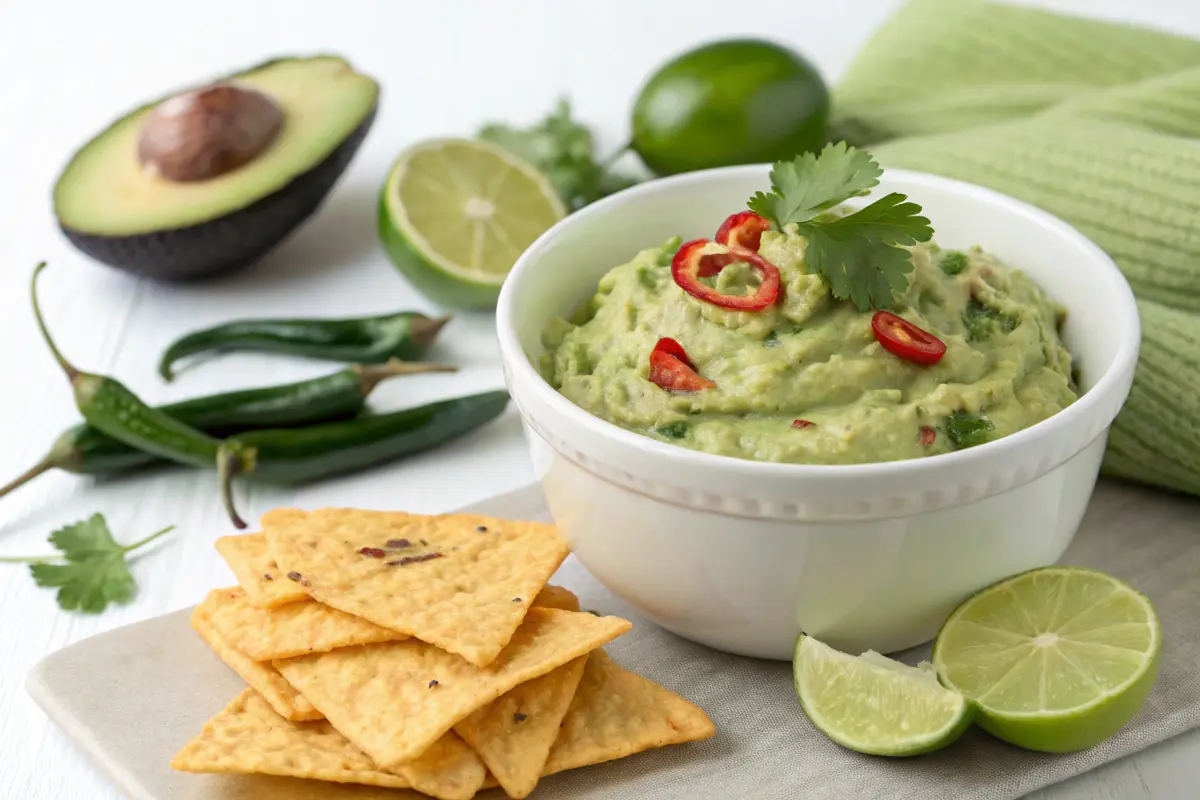 Creamy avocado dip served with Guacamole Takis