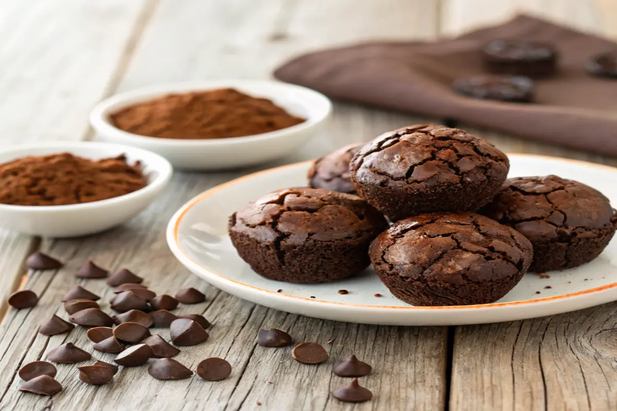 Close-up of Fudgy Brownie Bites Recipe with a crackly top on a wooden table