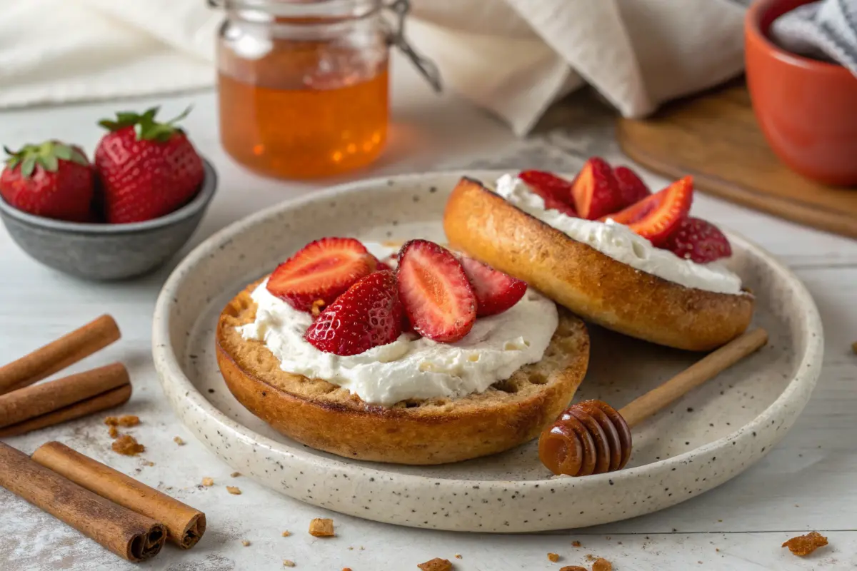Sliced French toast bagel with whipped cream cheese and strawberries