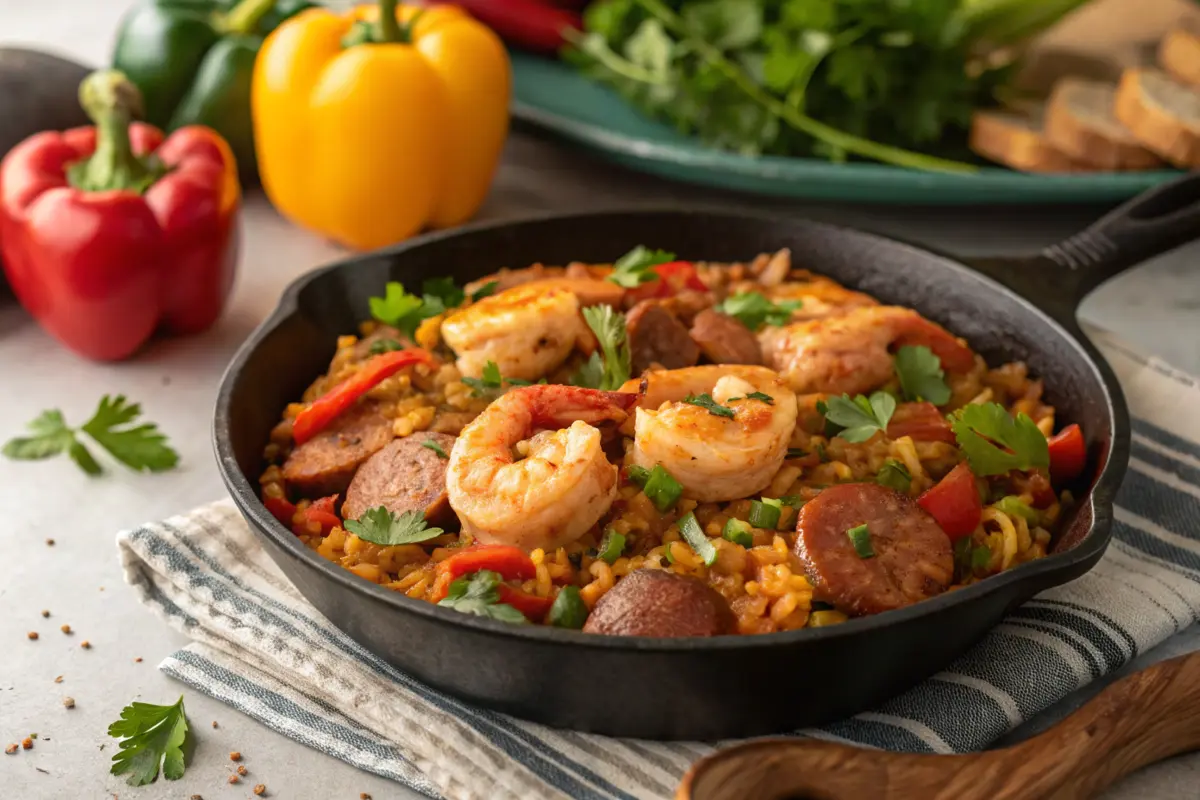 Jambalaya in a cast-iron skillet with fresh ingredients