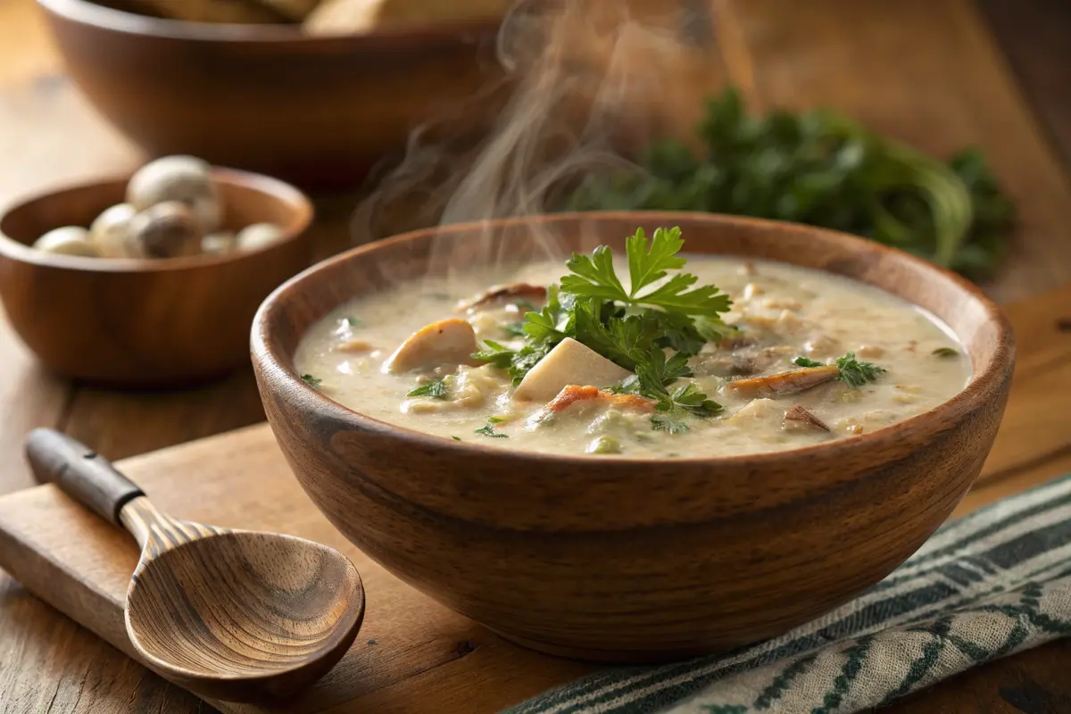 Bowl of clam chowder with creamy broth and parsley garnish