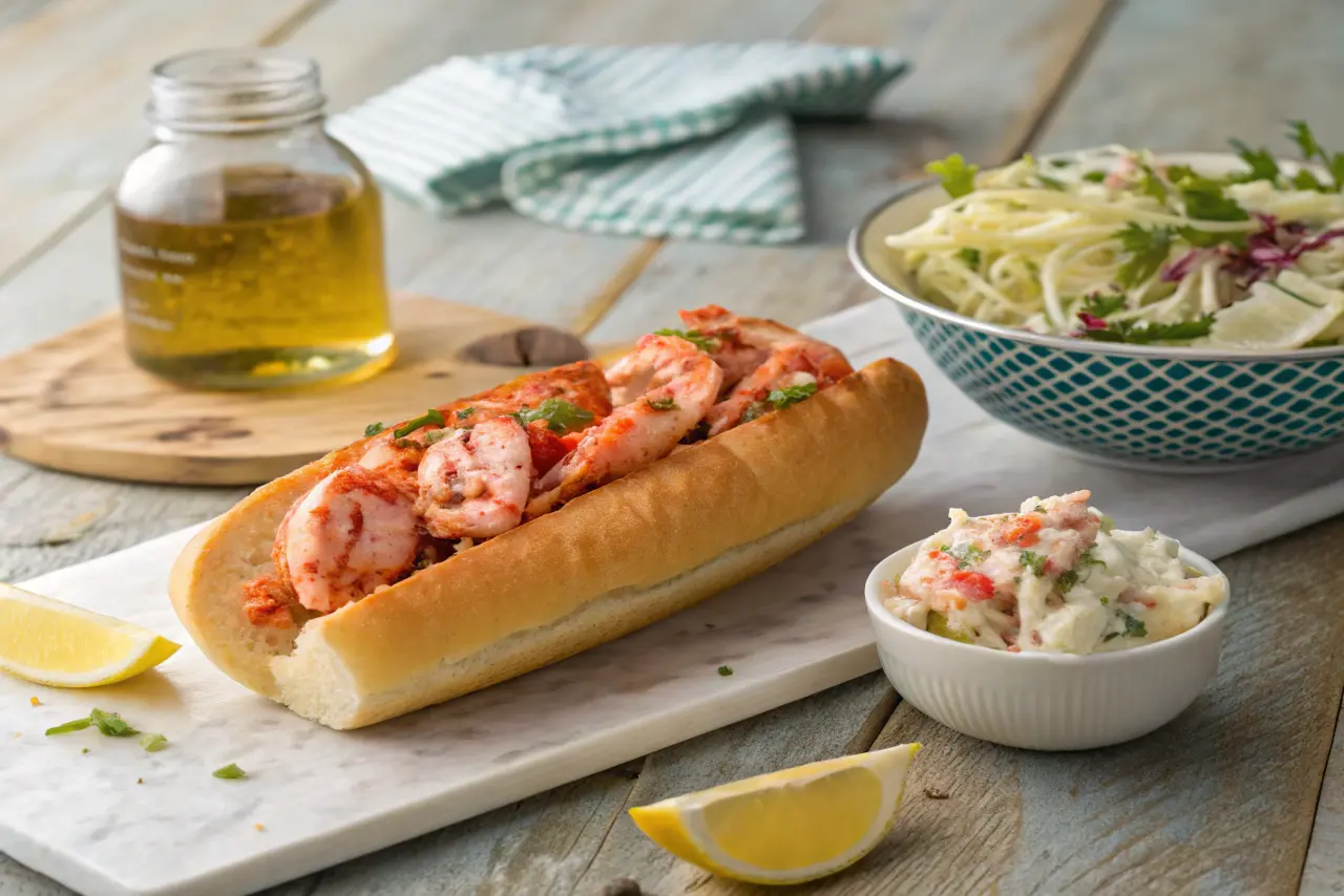 Classic lobster roll with coleslaw and lemon wedges