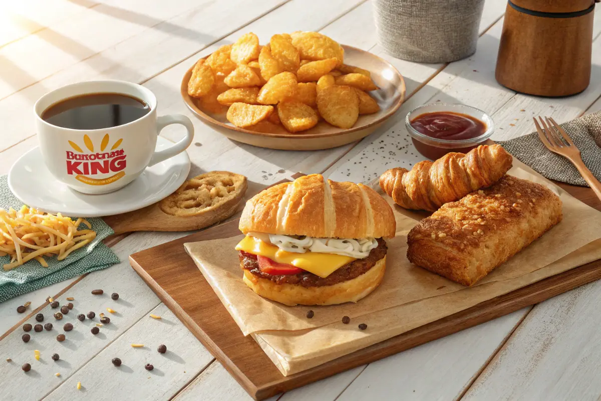 Burger King Menu Breakfast spread with Croissan’wich, hash browns, and coffee