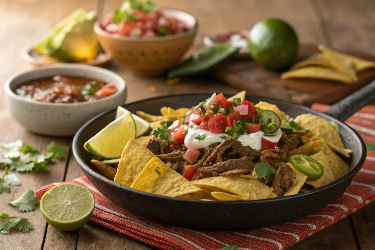 Birria nachos on a rustic table with birria meat, cheese, and fresh toppings