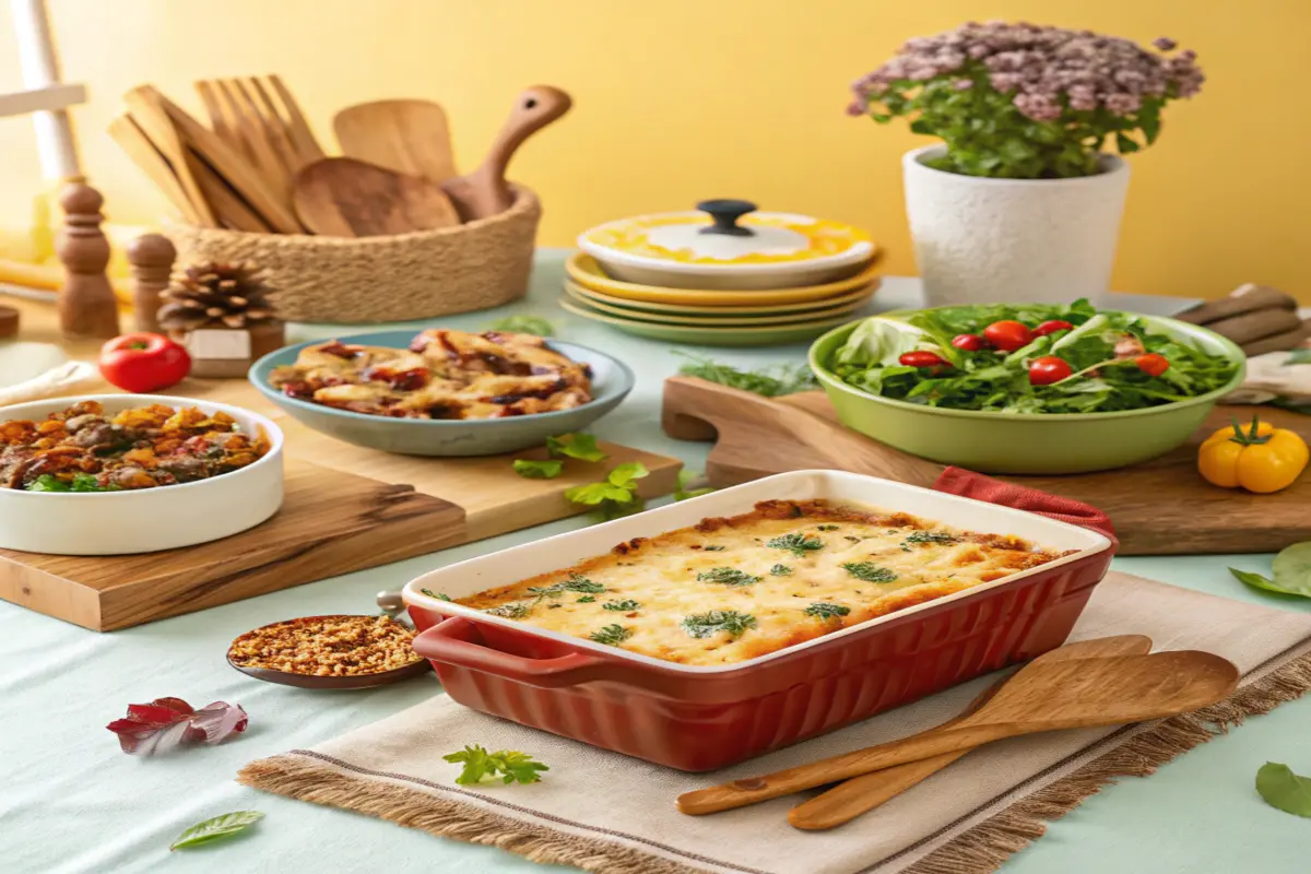 A vibrant spread of potluck main dishes with casseroles and salads