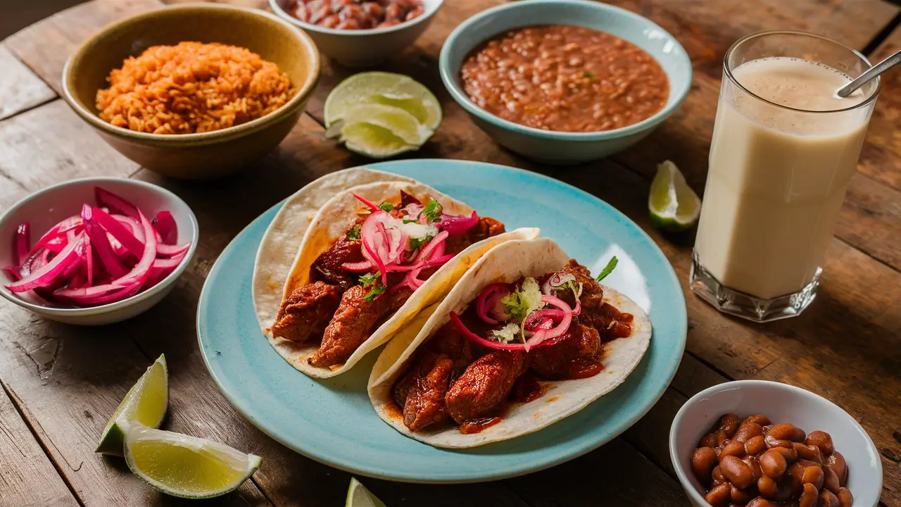 A full birria taco meal with traditional Mexican side dishes.