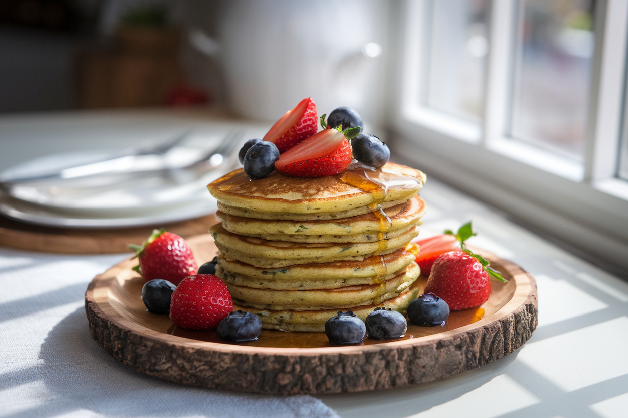 Stack of banana spinach pancakes topped with fruit and maple syrup on a breakfast table