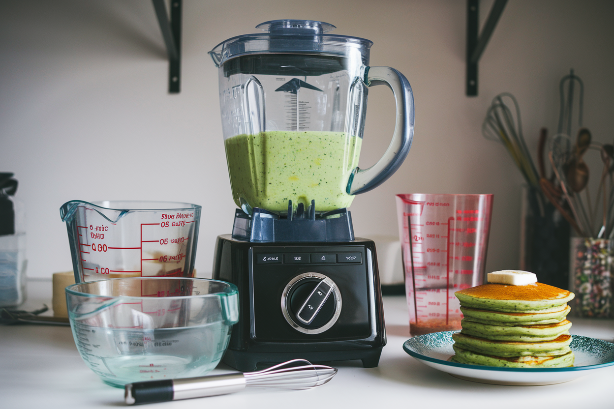 Blender with vibrant green batter for banana spinach pancakes