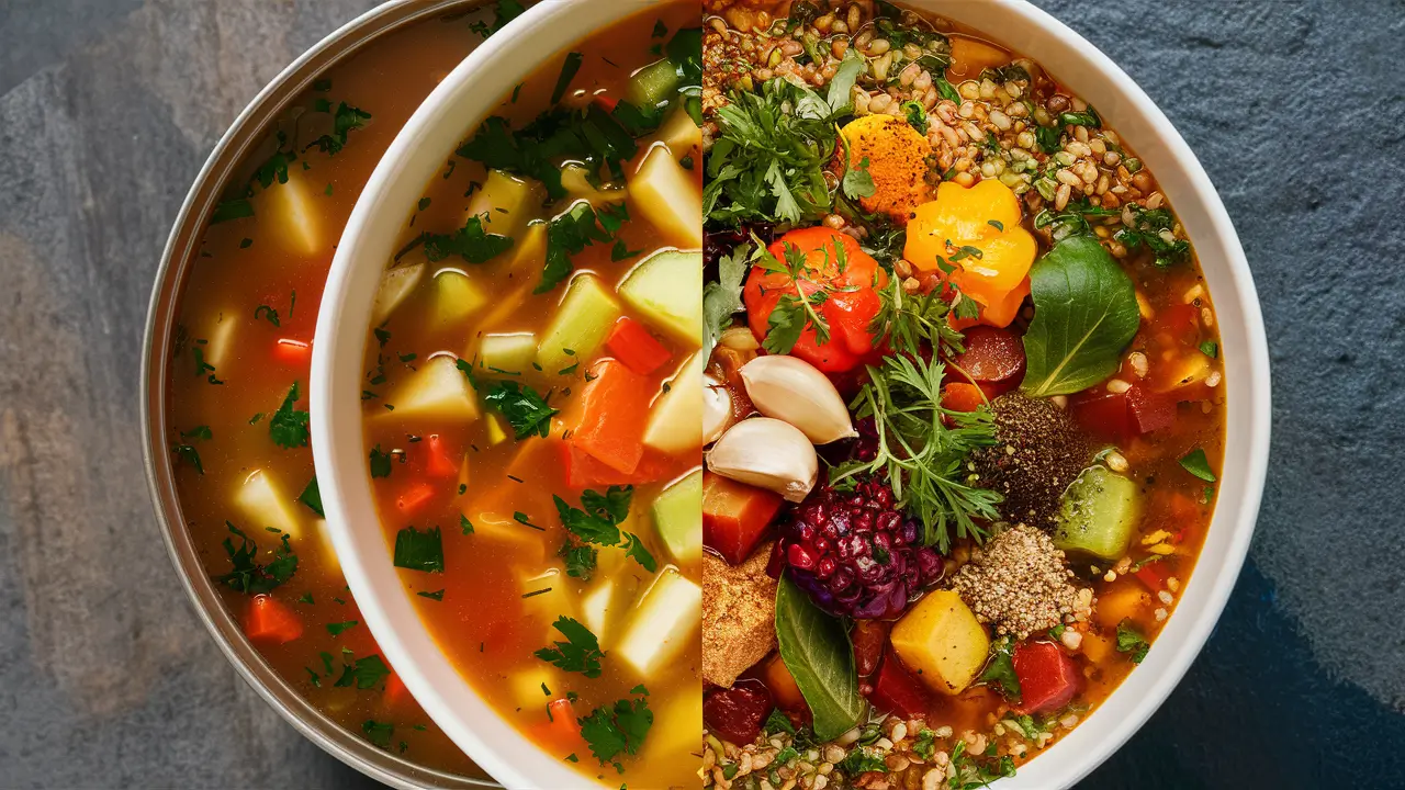 A canned vegetable soup before and after adding fresh herbs and spices.