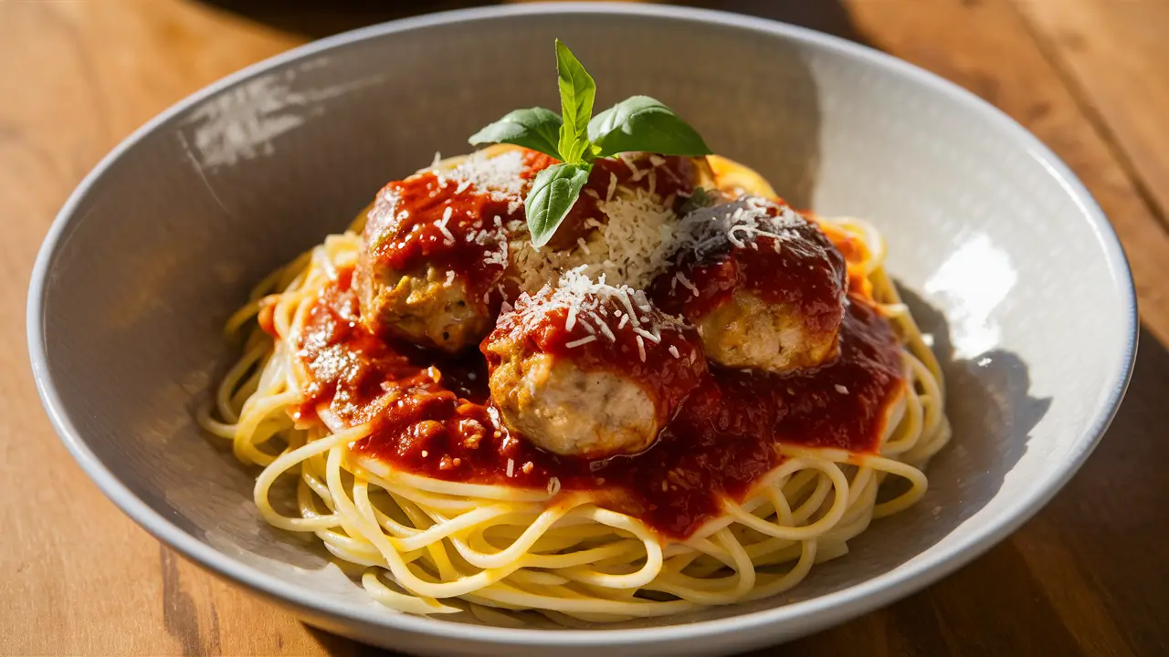 Spaghetti with chicken meatballs and marinara sauce