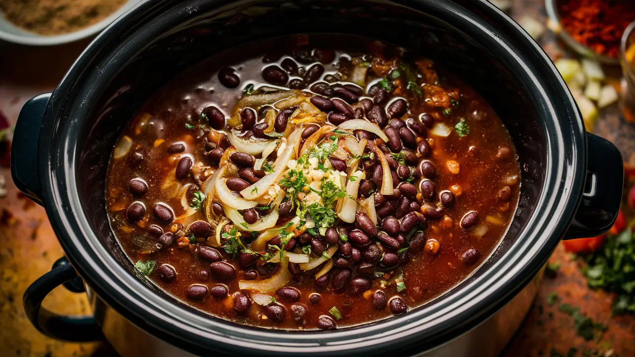 Black Beans Cooking in a Slow Cooker with Aromatics