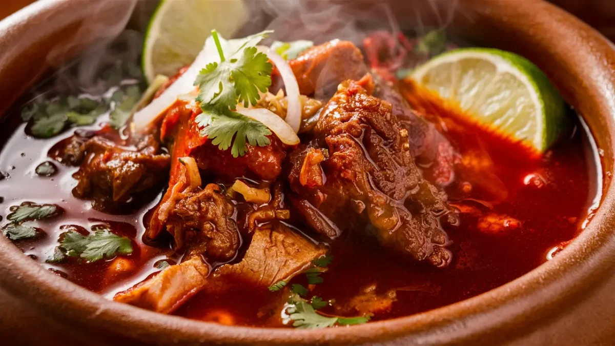Traditional Mexican birria stew with garnishes and tortillas