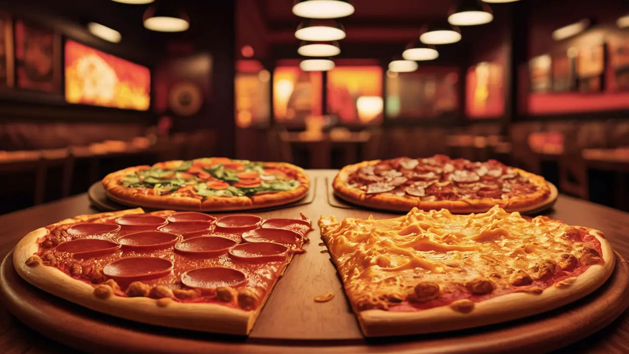 Four different Big Daddy Pizza flavors displayed on a wooden board.