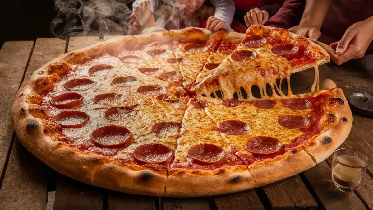 A large Big Daddy Pizza with bubbling cheese and crispy pepperoni on a wooden table.
