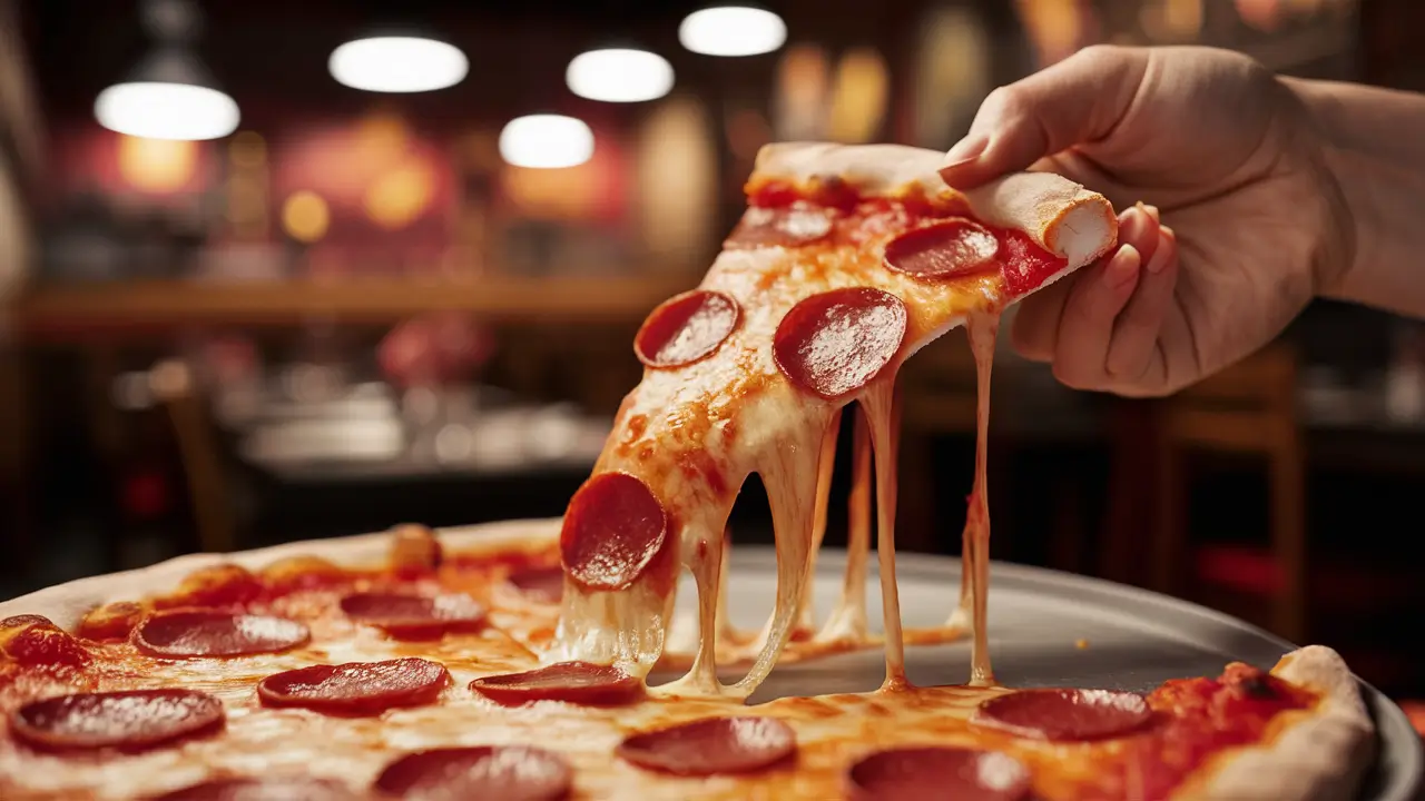 A slice of Big Daddy Pizza being lifted with stretchy cheese and crispy pepperoni.