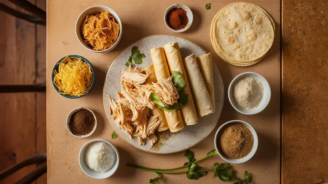Ingredients for making chicken taquitos.