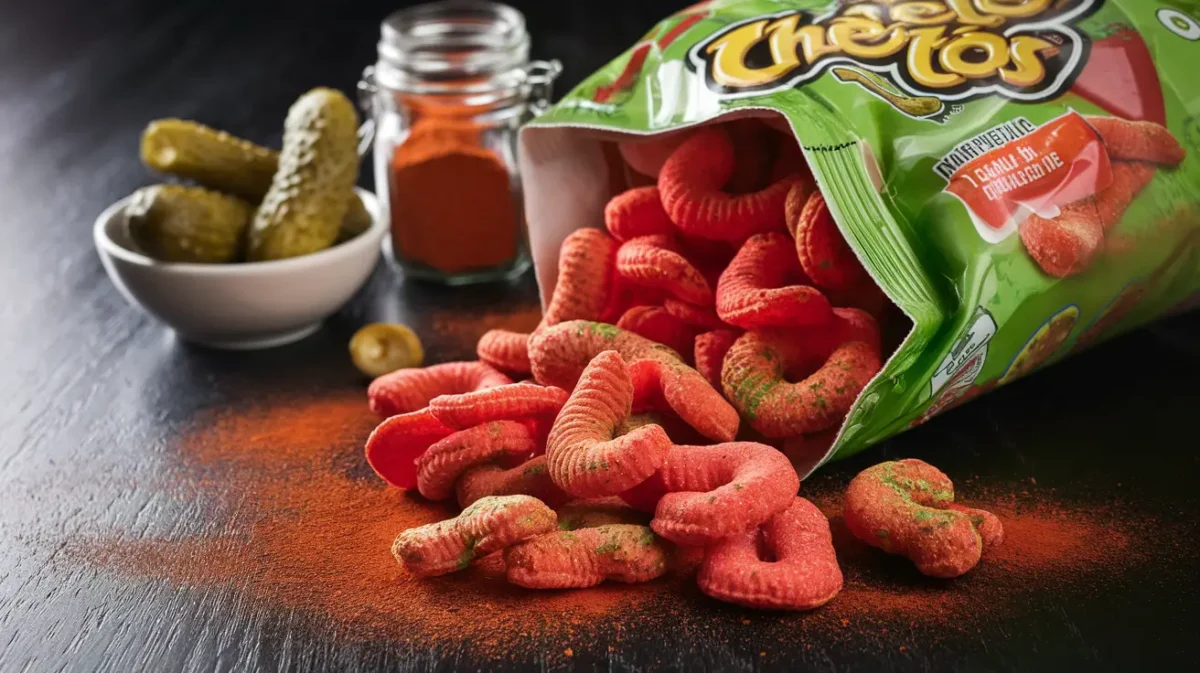 Dill Pickle Hot Cheetos spilling onto a wooden table with pickles and chili powder in the background.