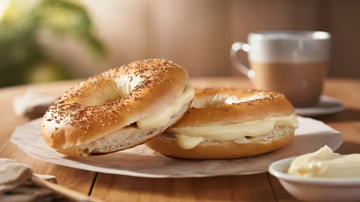 Freshly baked bagel with a thick schmear of cream cheese.