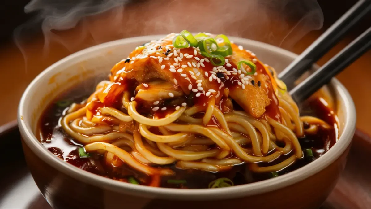 Teriyaki chicken noodles in a bowl with sesame seeds