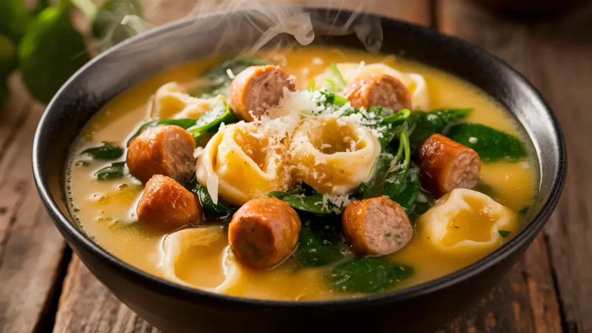 A bowl of creamy tortellini sausage soup with fresh herbs and Parmesan cheese