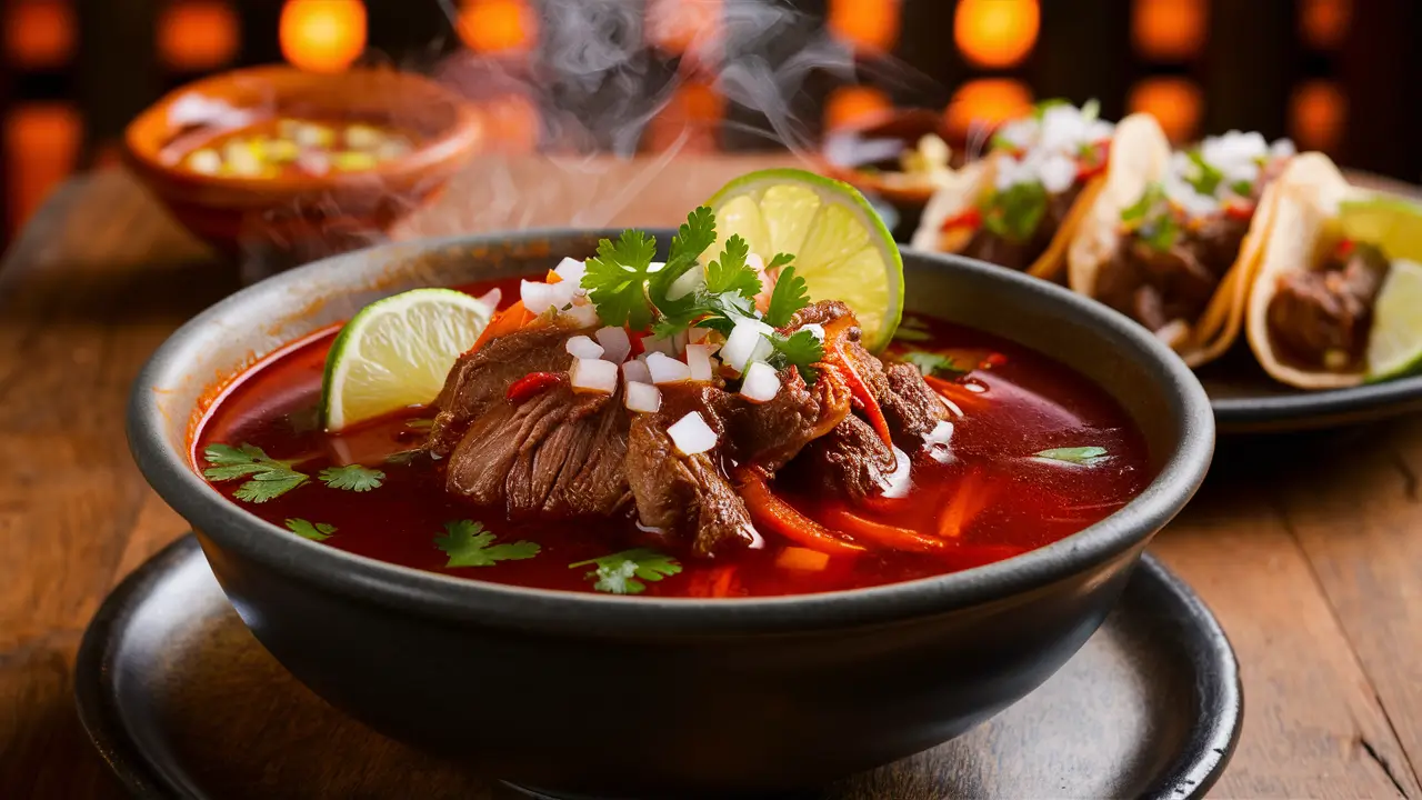 Is birria spicy to eat? A flavorful bowl of birria stew with garnishes and consomé.