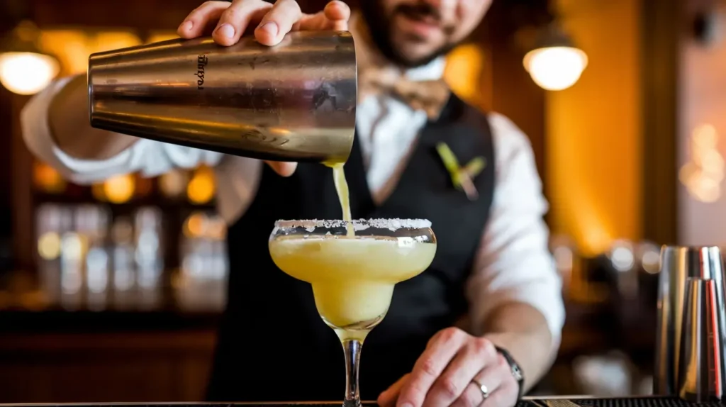Bartender pouring a freshly shaken margarita into a glass