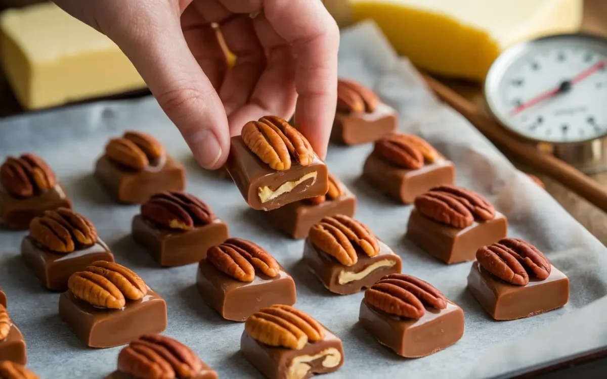 Freshly made pecan pralines cooling on a parchment-lined tray