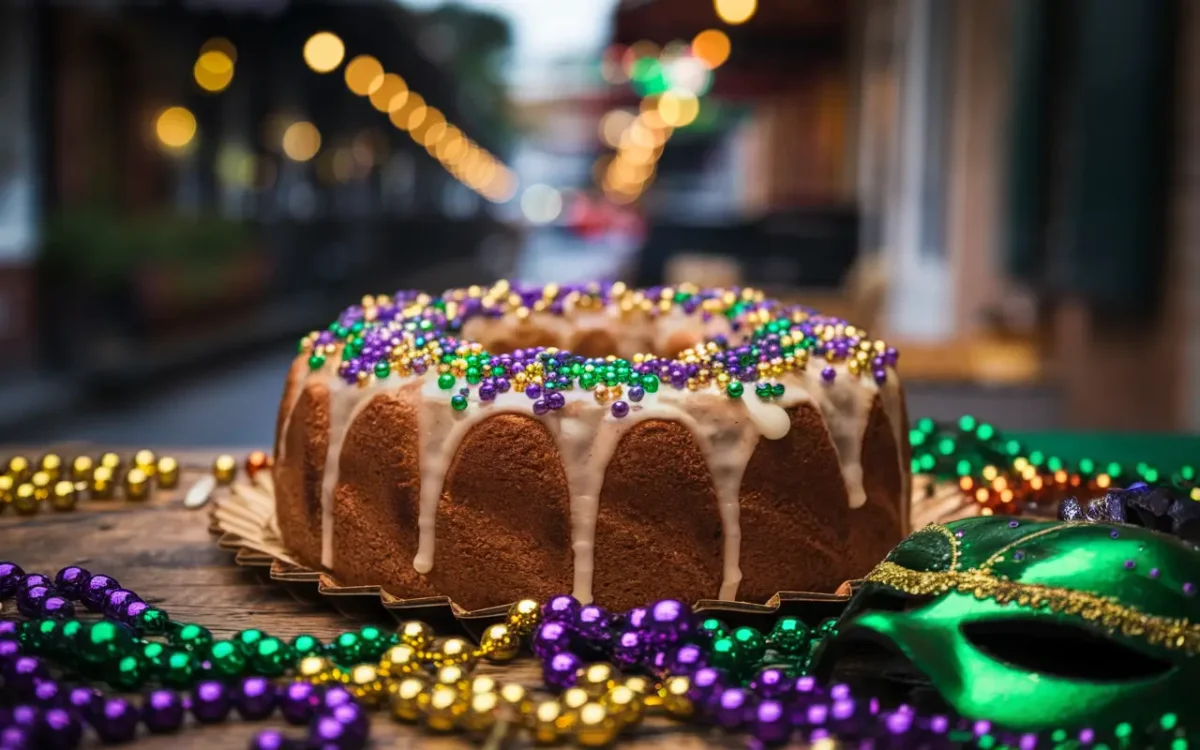 Traditional King Cake with colorful sugar sprinkles and icing