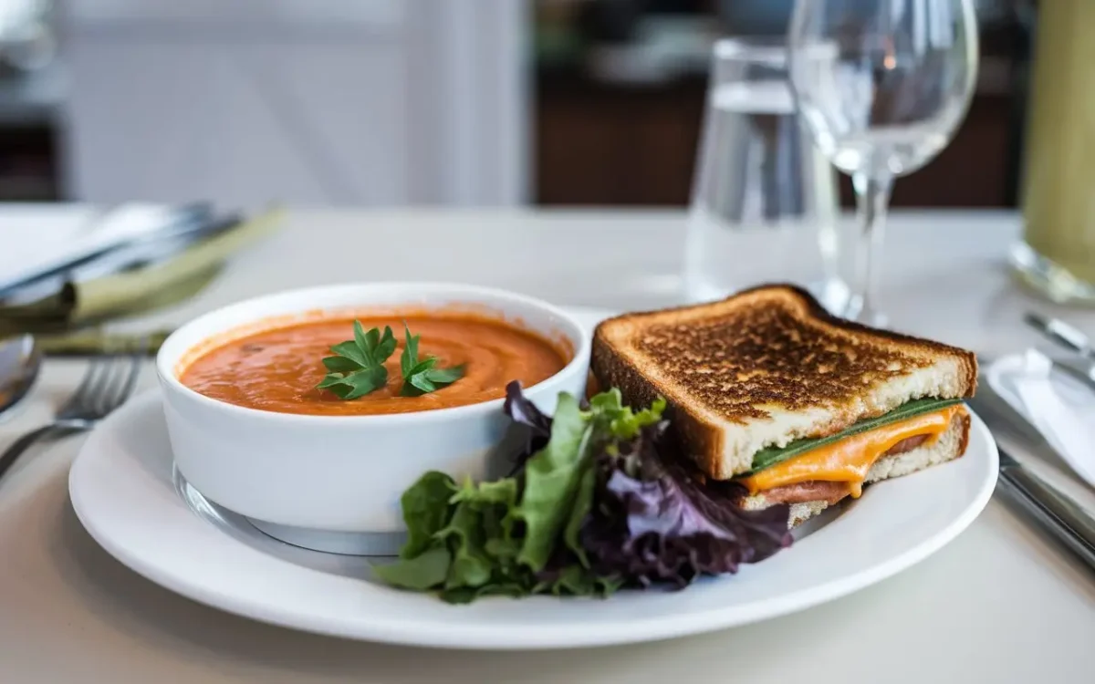 Tomato basil bisque with grilled cheese and salad