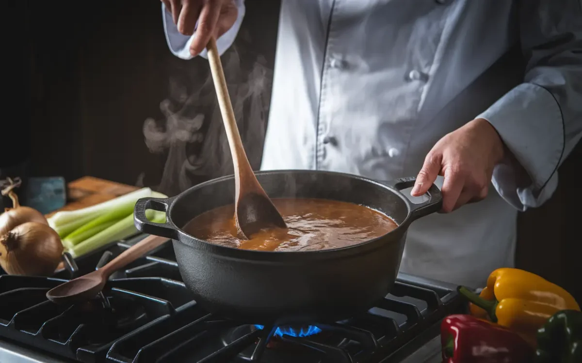 Stirring roux in cast-iron pot