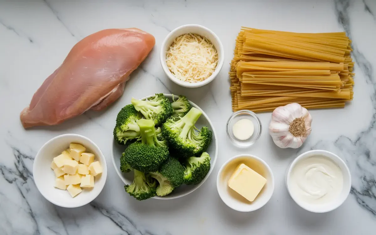 Fresh ingredients for fettuccine Alfredo with chicken and broccoli