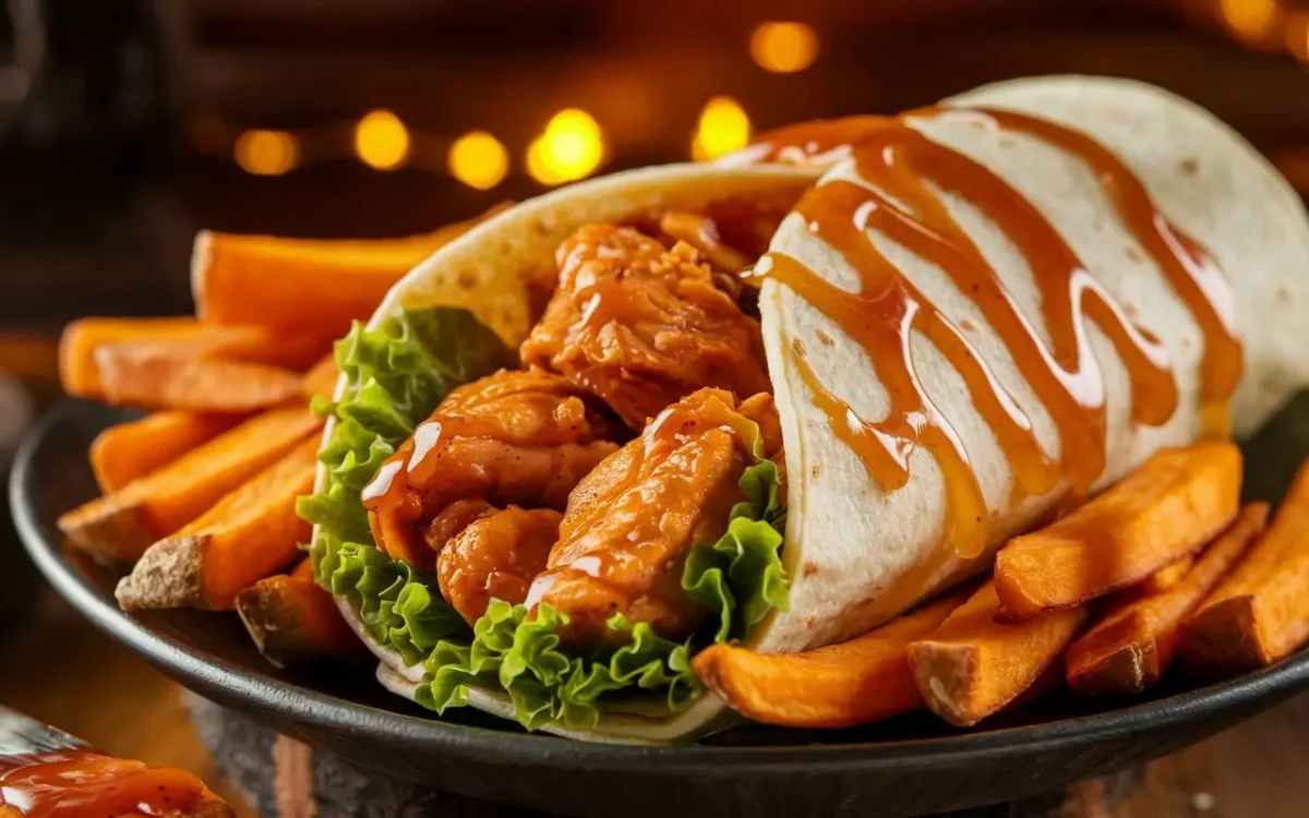 Hot honey buffalo chicken wrap with sweet potato fries