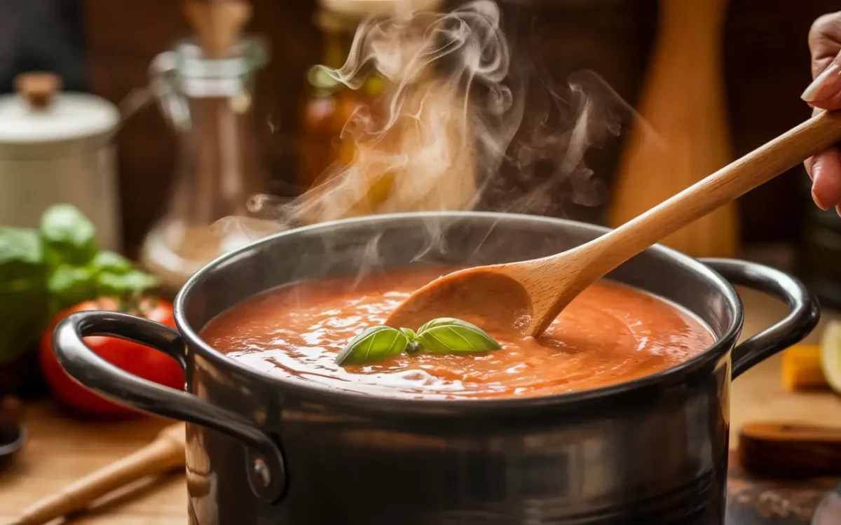 Tomato basil bisque simmering in pot with steam