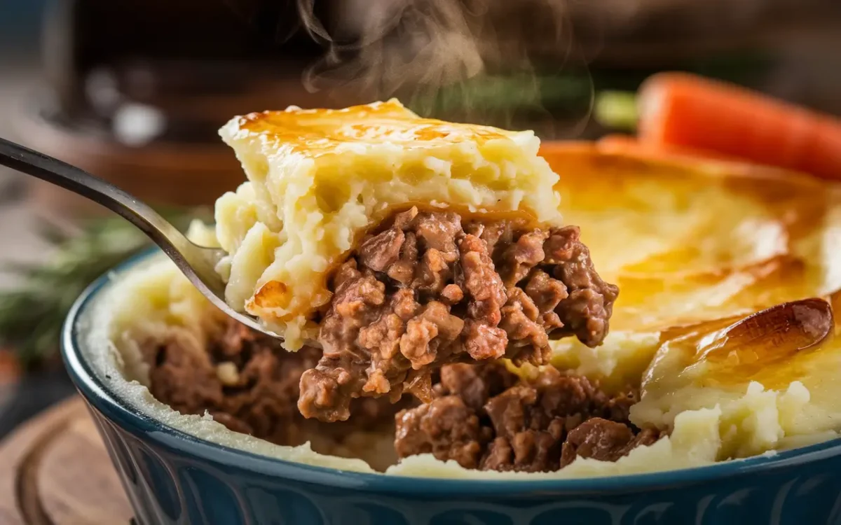 Serving a portion of cottage pie with beef filling