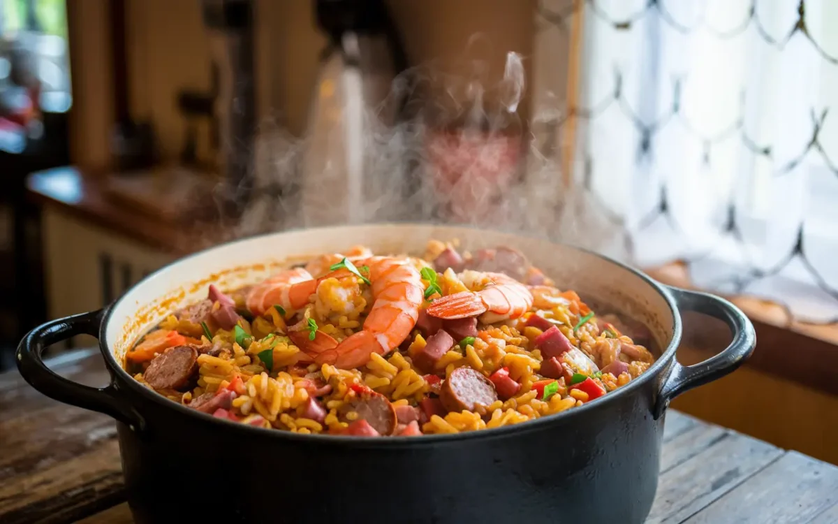 Authentic Louisiana jambalaya in a steaming pot with shrimp and sausage