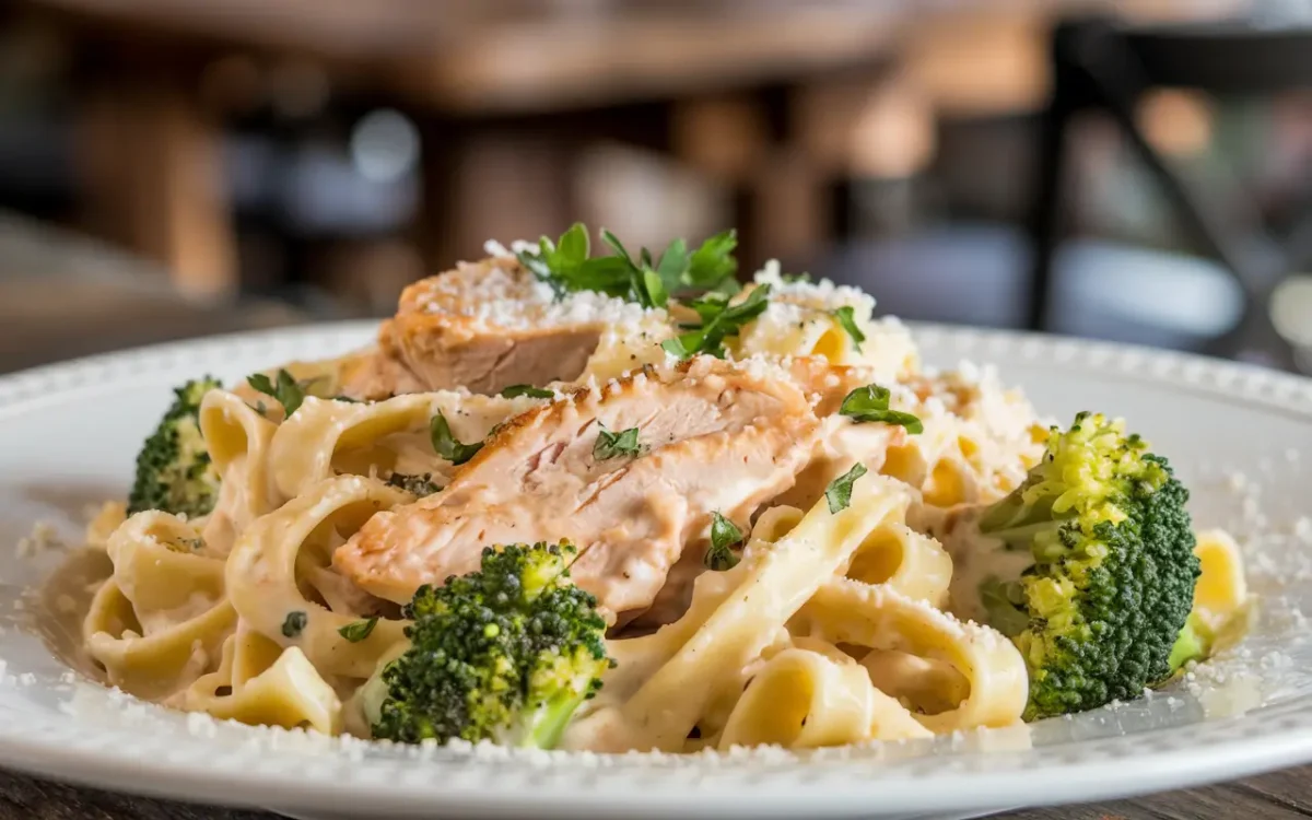 Close-up of finished chicken and broccoli fettuccine alfredo