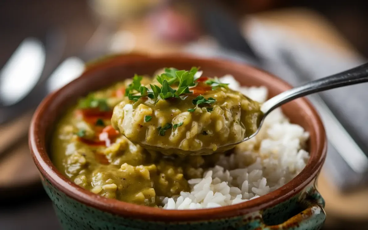 Spoonful of green gumbo over rice