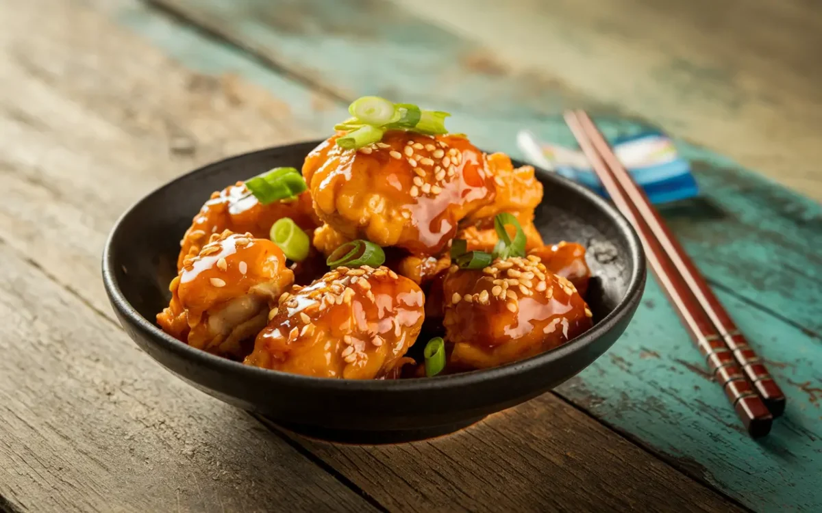 Crispy honey sesame chicken in a bowl with sesame seeds and green onions