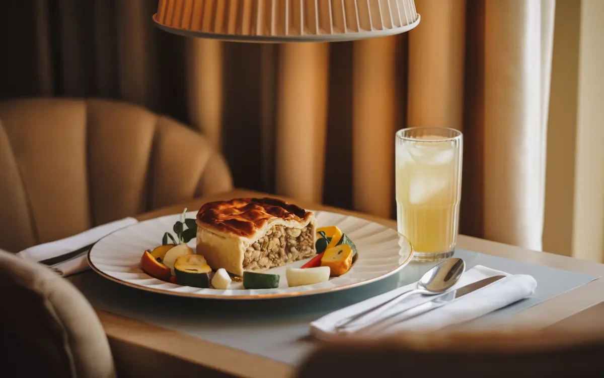 Cottage pie served with roasted vegetables and red wine