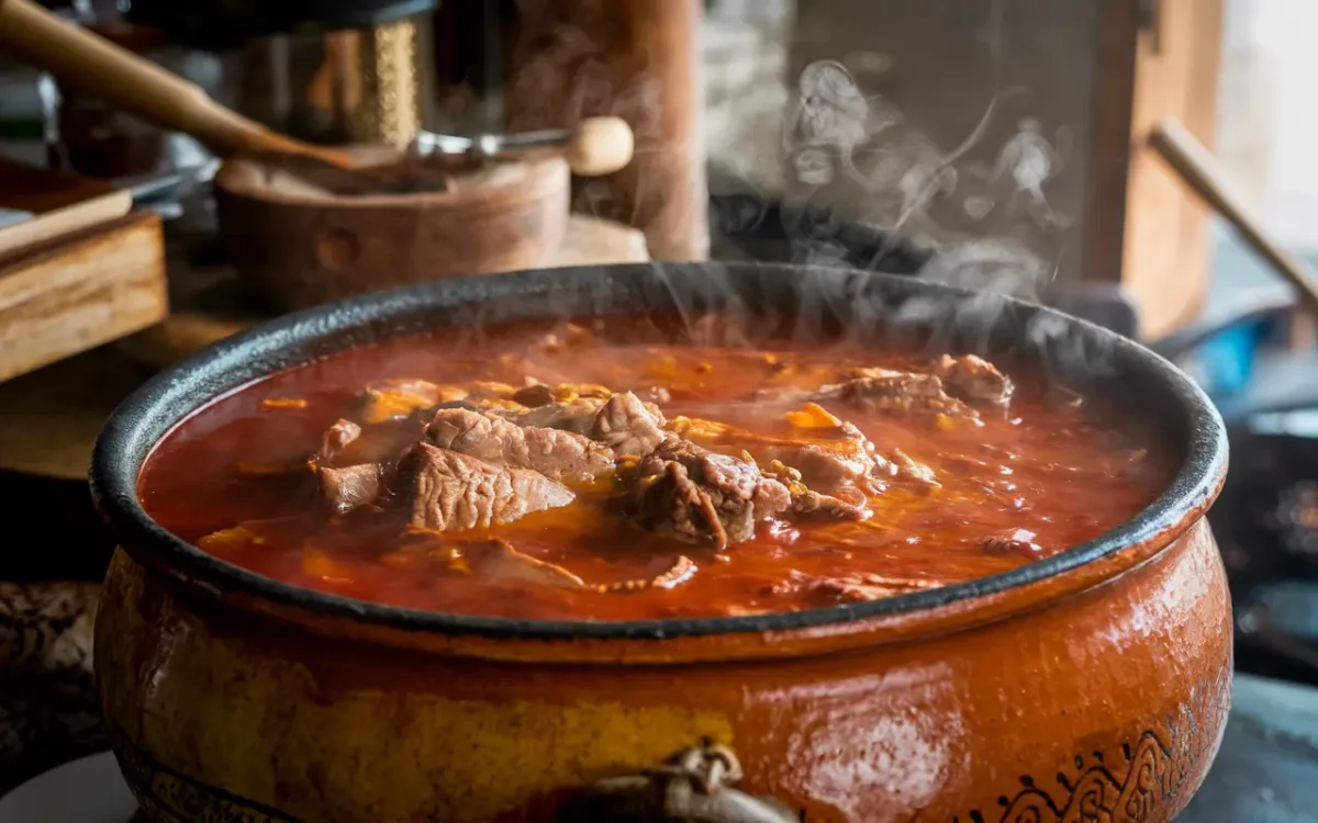 Birria meat simmering in rich red consomé