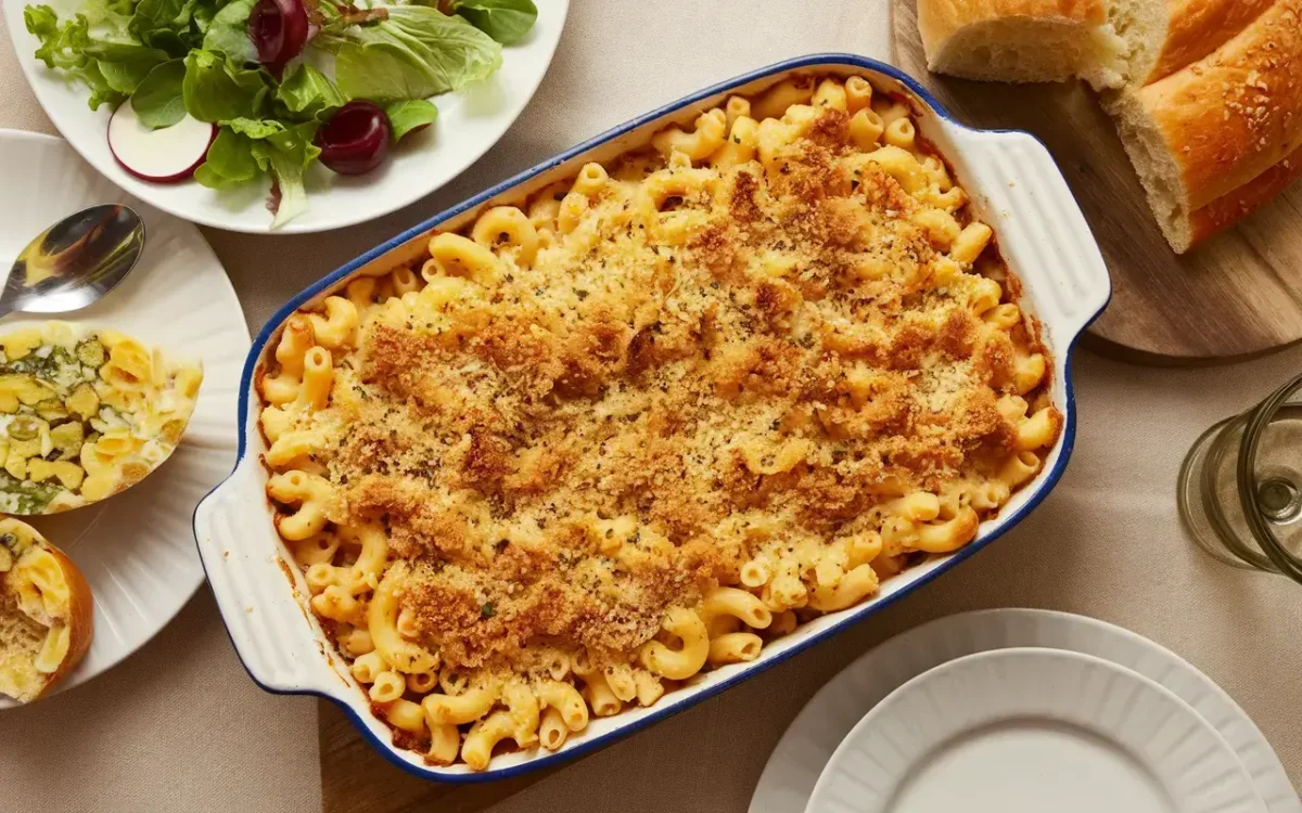 Baked mac and cheese served with salad