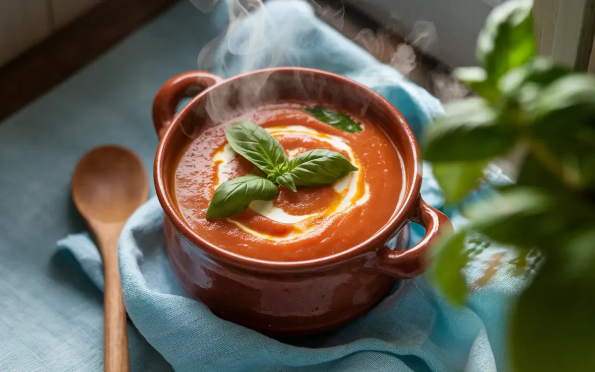 Bowl of tomato basil bisque with basil garnish