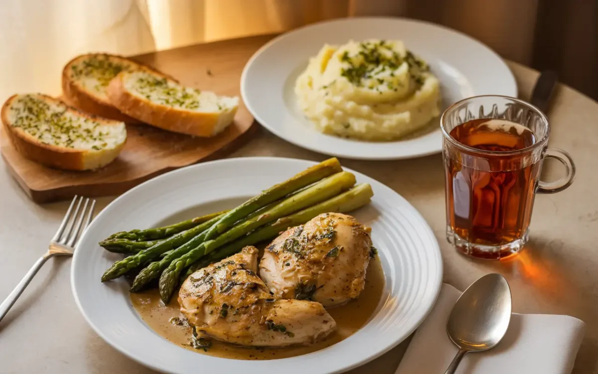 Chicken Marsala served with mashed potatoes and vegetables